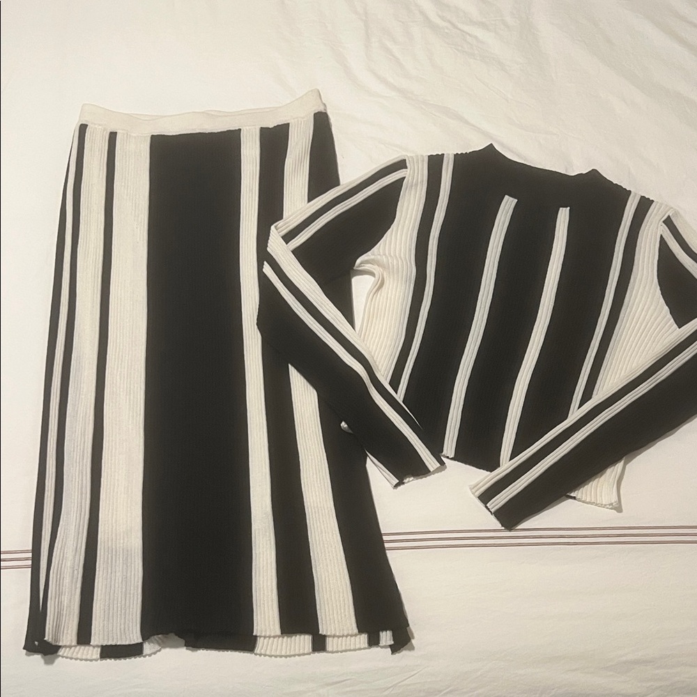 Lucy Paris Black and White Striped Cropped Top + Midi Skirt Set